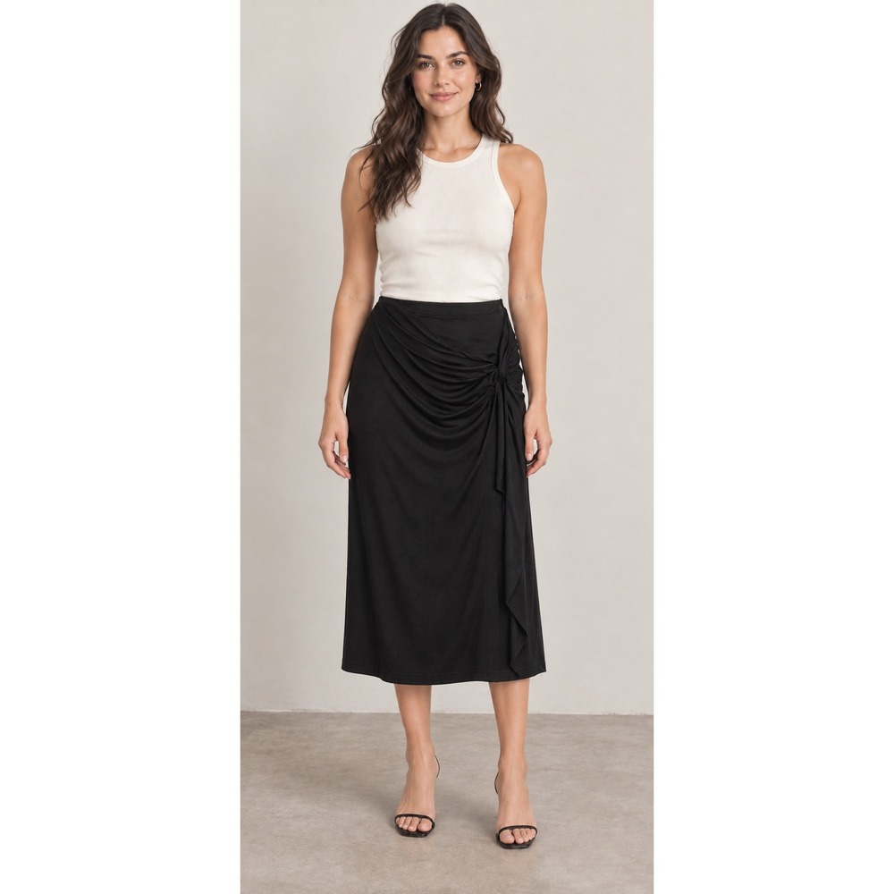 Pink Lily Black Midi Skirt Side Knot Draped Wrap Front PL742 Size Small Womens